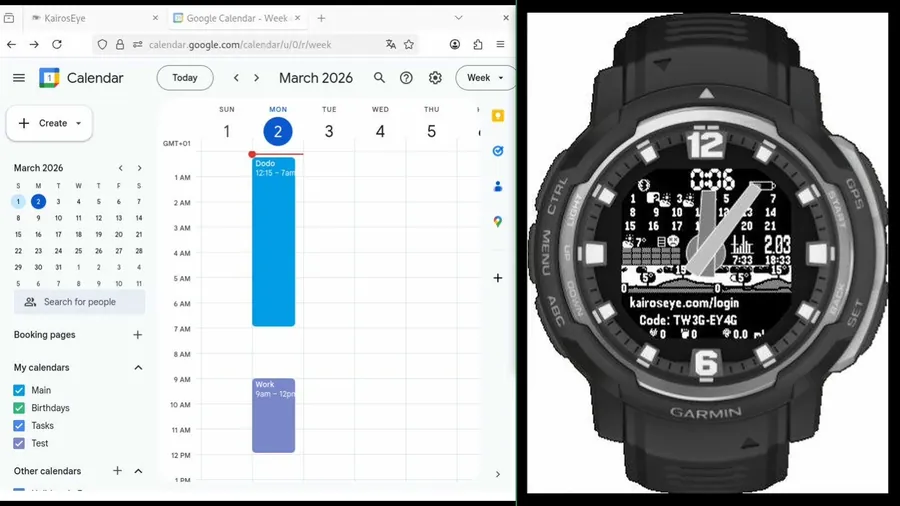 Watch showing kairoseye.com/login and the code