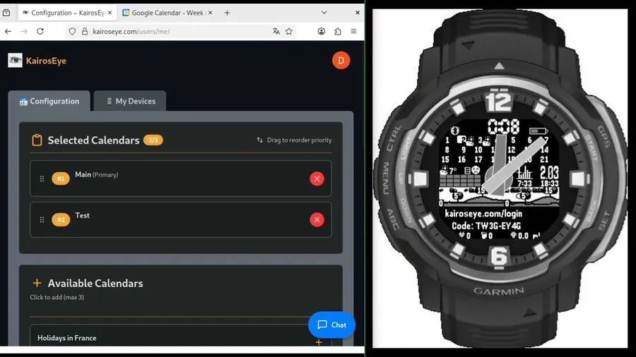 2 calendars selected (Main + Test)